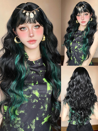 ブラック 女性用ロングウィッグ ブラック 鈍いフリンジ 耐熱ファイバー トライバル レイヤード ロング 合成ウィッグ