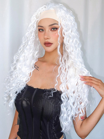 女性用ロングウィッグ ホワイト スパイラルカール 耐熱ファイバー アスレチック レイヤード ロング 合成ウィッグ