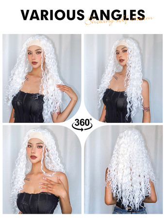 女性用ロングウィッグ ホワイト スパイラルカール 耐熱ファイバー アスレチック レイヤード ロング 合成ウィッグ