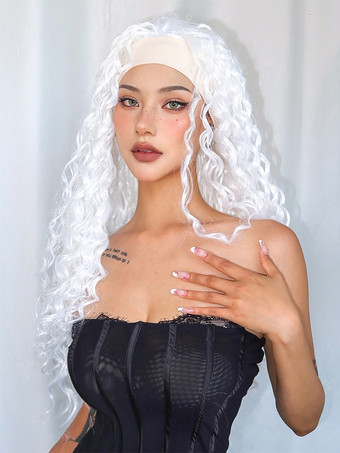 女性用ロングウィッグ ホワイト スパイラルカール 耐熱ファイバー アスレチック レイヤード ロング 合成ウィッグ