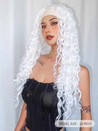 女性用ロングウィッグ ホワイト スパイラルカール 耐熱ファイバー アスレチック レイヤード ロング 合成ウィッグ