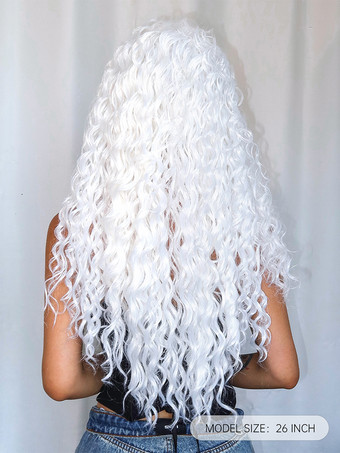 女性用ロングウィッグ ホワイト スパイラルカール 耐熱ファイバー アスレチック レイヤード ロング 合成ウィッグ