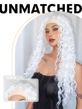 女性用ロングウィッグ ホワイト スパイラルカール 耐熱ファイバー アスレチック レイヤード ロング 合成ウィッグ