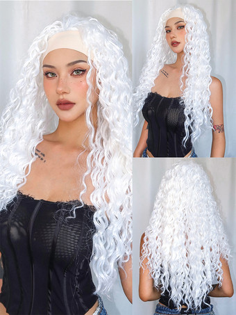 ホワイト 女性用ロングウィッグ ホワイト スパイラルカール 耐熱ファイバー アスレチック レイヤード ロング 合成ウィッグ
