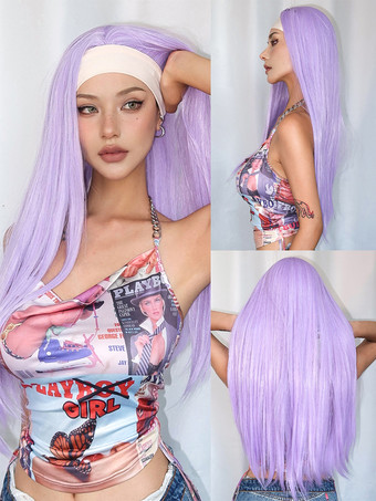 ライラック女性用ロングウィッグ ライラック ストレート 耐熱ファイバー カジュアル 乱れたロング 合成ウィッグ