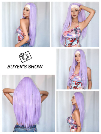 女性用ロングウィッグ ライラック ストレート 耐熱ファイバー カジュアル 乱れたロング 合成ウィッグ