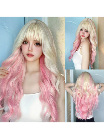 女性用ロングウィッグ ピンク カーリー 耐熱ファイバー アイドル服 乱れたロング合成ウィッグ