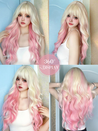 女性用ロングウィッグ ピンク カーリー 耐熱ファイバー アイドル服 乱れたロング合成ウィッグ