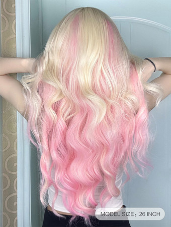 女性用ロングウィッグ ピンク カーリー 耐熱ファイバー アイドル服 乱れたロング合成ウィッグ
