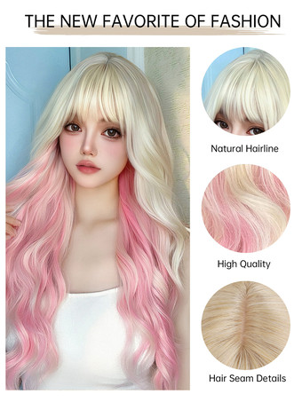 女性用ロングウィッグ ピンク カーリー 耐熱ファイバー アイドル服 乱れたロング合成ウィッグ