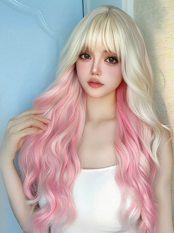 ピンク女性用ロングウィッグ ピンク カーリー 耐熱ファイバー アイドル服 乱れたロング合成ウィッグ