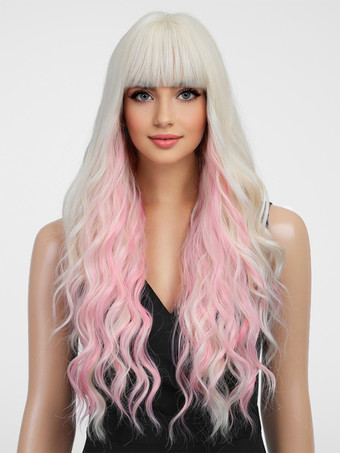 女性用ロングウィッグ ピンク カーリー 耐熱ファイバー アイドル服 乱れたロング合成ウィッグ