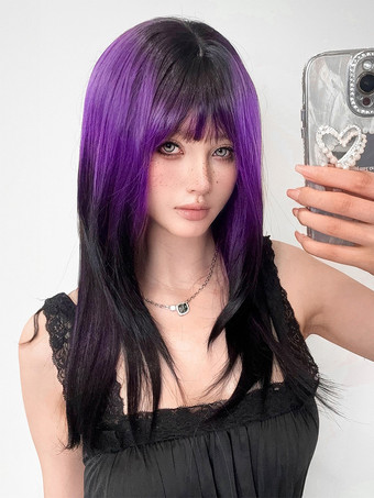 女性用ロングウィッグ パープル 鈍いフリンジ 耐熱ファイバー シック 乱れたロング合成ウィッグ