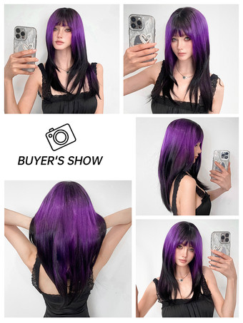 女性用ロングウィッグ パープル 鈍いフリンジ 耐熱ファイバー シック 乱れたロング合成ウィッグ