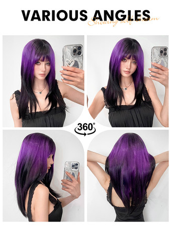 女性用ロングウィッグ パープル 鈍いフリンジ 耐熱ファイバー シック 乱れたロング合成ウィッグ