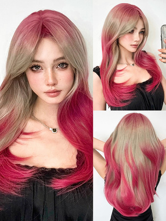 サーモンピンク女性用ロングウィッグ サーモンストレート 耐熱ファイバー シック レイヤード ロング 合成ウィッグ