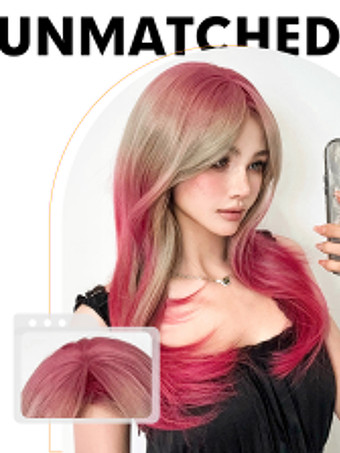 女性用ロングウィッグ サーモンストレート 耐熱ファイバー シック レイヤード ロング 合成ウィッグ