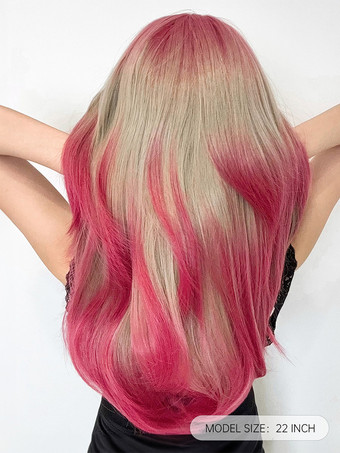 女性用ロングウィッグ サーモンストレート 耐熱ファイバー シック レイヤード ロング 合成ウィッグ