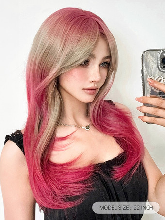 女性用ロングウィッグ サーモンストレート 耐熱ファイバー シック レイヤード ロング 合成ウィッグ