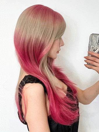 女性用ロングウィッグ サーモンストレート 耐熱ファイバー シック レイヤード ロング 合成ウィッグ