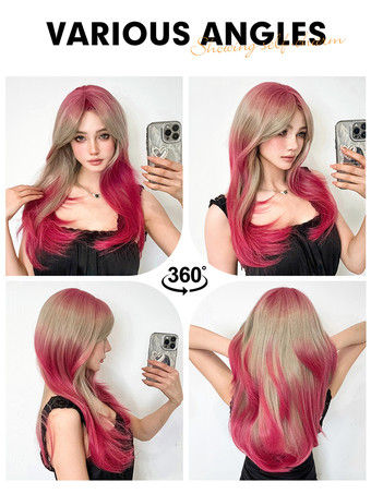 女性用ロングウィッグ サーモンストレート 耐熱ファイバー シック レイヤード ロング 合成ウィッグ