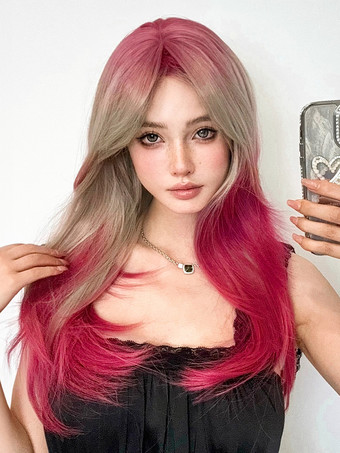 女性用ロングウィッグ サーモンストレート 耐熱ファイバー シック レイヤード ロング 合成ウィッグ