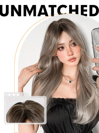 女性用ロングウィッグ ライトグレー ストレート 耐熱ファイバー エレガント 乱れたロング 合成ウィッグ