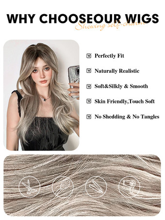 女性用ロングウィッグ ライトグレー ストレート 耐熱ファイバー エレガント 乱れたロング 合成ウィッグ