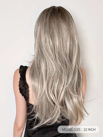 女性用ロングウィッグ ライトグレー ストレート 耐熱ファイバー エレガント 乱れたロング 合成ウィッグ