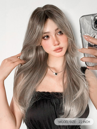 女性用ロングウィッグ ライトグレー ストレート 耐熱ファイバー エレガント 乱れたロング 合成ウィッグ