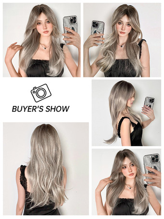 女性用ロングウィッグ ライトグレー ストレート 耐熱ファイバー エレガント 乱れたロング 合成ウィッグ