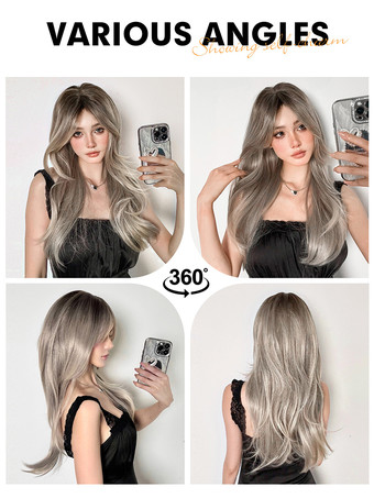 女性用ロングウィッグ ライトグレー ストレート 耐熱ファイバー エレガント 乱れたロング 合成ウィッグ