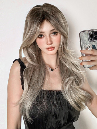 女性用ロングウィッグ ライトグレー ストレート 耐熱ファイバー エレガント 乱れたロング 合成ウィッグ