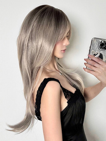 女性用ロングウィッグ ライトグレー ストレート 耐熱ファイバー エレガント 乱れたロング 合成ウィッグ