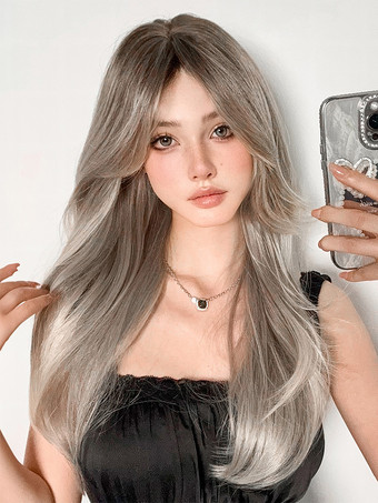 女性用ロングウィッグ ライトグレー ストレート 耐熱ファイバー エレガント 乱れたロング 合成ウィッグ