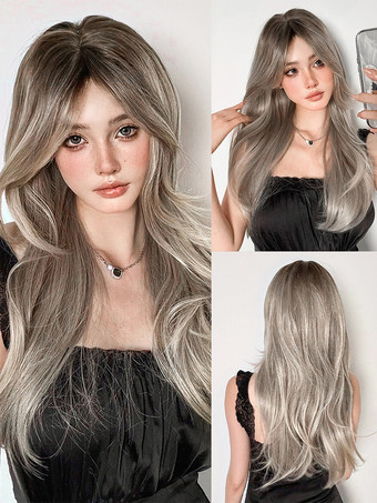 ライトグレー女性用ロングウィッグ ライトグレー ストレート 耐熱ファイバー エレガント 乱れたロング 合成ウィッグ