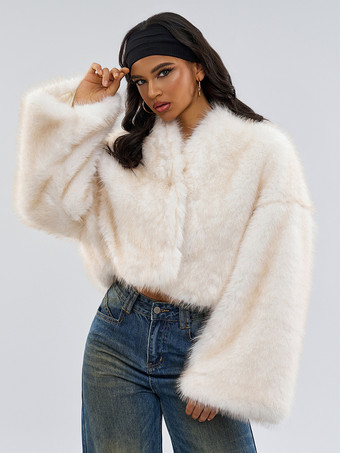 フェイクファーコート ホワイト ウエストラインなし 長袖 フェイクファーコート オーバーサイズ レディースコート