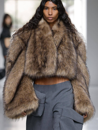 ブラウン フェイクファーコート ホワイト ウエストラインなし 長袖 フェイクファーコート オーバーサイズ レディースコート