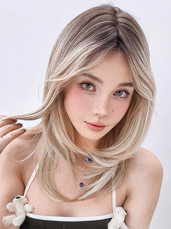 Parrucche Medie Parrucche Sintetiche Parrucche da Donna Oro Chiaro Lisce Fibra Resistente al Calore Parrucca Media Media Per Donna