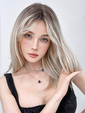 Parrucche Medie Parrucche Sintetiche Parrucche da Donna Oro Chiaro Lisce Fibra Resistente al Calore Parrucca Media Media Per Donna