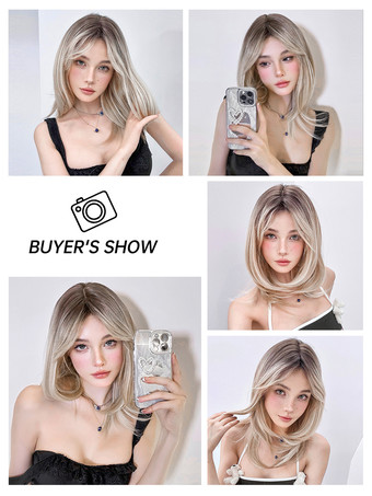 Parrucche Medie Parrucche Sintetiche Parrucche da Donna Oro Chiaro Lisce Fibra Resistente al Calore Parrucca Media Media Per Donna