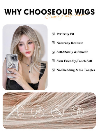 Parrucche Medie Parrucche Sintetiche Parrucche da Donna Oro Chiaro Lisce Fibra Resistente al Calore Parrucca Media Media Per Donna