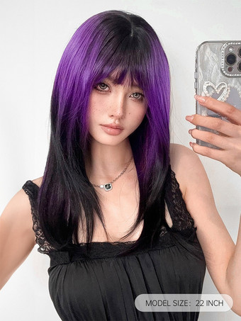 女性用ロングウィッグ パープル 鈍いフリンジ 耐熱ファイバー シック 乱れたロング合成ウィッグ