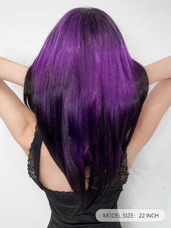 女性用ロングウィッグ パープル 鈍いフリンジ 耐熱ファイバー シック 乱れたロング合成ウィッグ