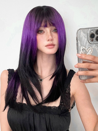女性用ロングウィッグ パープル 鈍いフリンジ 耐熱ファイバー シック 乱れたロング合成ウィッグ