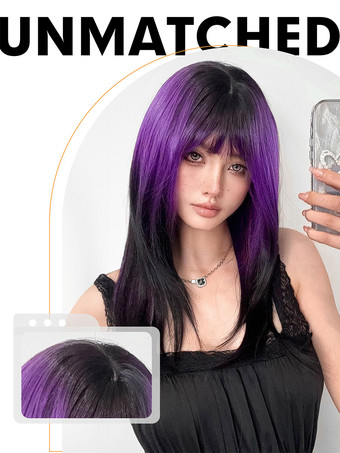 女性用ロングウィッグ パープル 鈍いフリンジ 耐熱ファイバー シック 乱れたロング合成ウィッグ