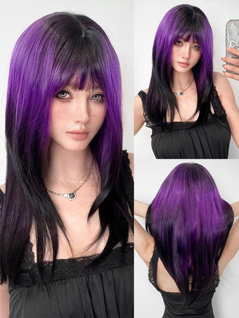 パープル 女性用ロングウィッグ パープル 鈍いフリンジ 耐熱ファイバー シック 乱れたロング合成ウィッグ