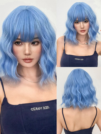 ライトスカイブルー合成ウィッグ ライトスカイブルー カーリー 耐熱ファイバー 乱れたショート レディース 女性用 ショートウィッグ