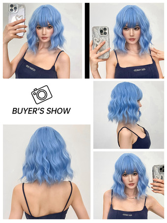 合成ウィッグ ライトスカイブルー カーリー 耐熱ファイバー 乱れたショート レディース 女性用 ショートウィッグ