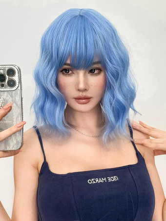 合成ウィッグ ライトスカイブルー カーリー 耐熱ファイバー 乱れたショート レディース 女性用 ショートウィッグ